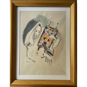 Judaica, Mané-katz, Gouache Signed And Framed "rabbi, The Release Of The Torah Scroll"