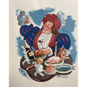 Lithograph From The 1930s Signed Edouard Halouze And Colored With Stencil "gargantua"