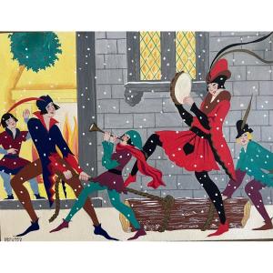 Original Gouache From The 1930s Signed By The Painter Edouard Halouze “the Christmas Log”