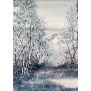 “la Clairière” Mixed Technique, Gouache And Watercolor