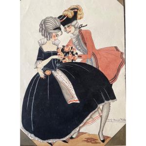Elsie Denise Millon Rare Original Drawing From The 1920s Ink, Gouache And Watercolor