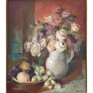Oil On Canvas “the Pitcher Of Roses” Signed By The Painter Ferrié-salat