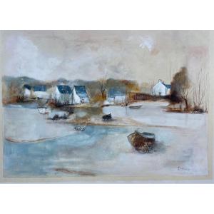 “the Frozen Pond” Gouache On Cardboard Signed By The Painter Ferron