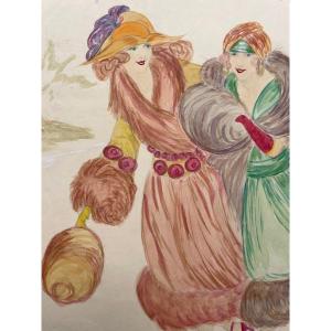 Watercolor From The 1930s “les Patineuses”
