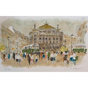 Original Lithograph By Urban Huchet “place De L’opéra” Paris