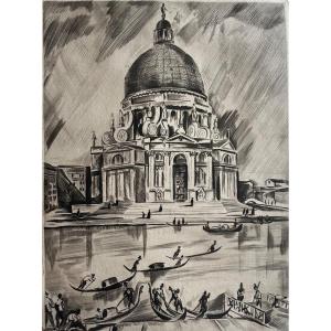Henry De Waroquier, Signed Drypoint Representing A View Of Venice “la Salute”