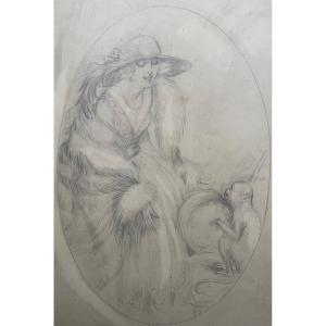 1920s Pencil Drawing “young Woman In Fur With Her Little Monkey”.