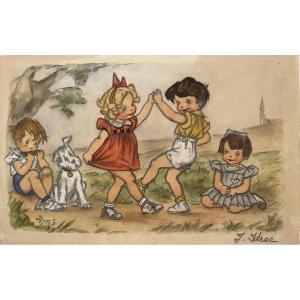 “bal Champêtre” Original Drawing From The 1930s Signed J.idrac