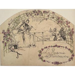 “the Rose Garden Of Montmartre” Drawing Project To Illustrate A Menu Signed J.hilly 1919