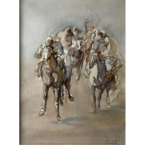 Victor Sarfati, Original Orientalist Watercolor "fantazia" Riders, Horses.