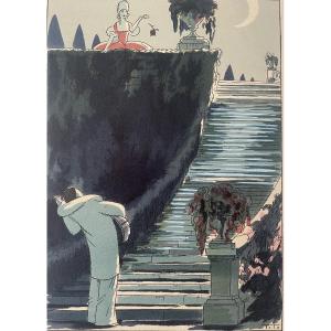 Original Art Deco Stencil Signed By The Italian Artist Ettore Tito "pierrot Amoureux »