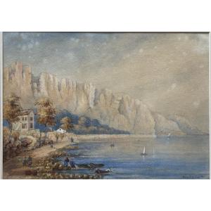 19th-century Watercolor, A View Of Beaulieu Bay Of Nice, Signed By The Artist Borrer