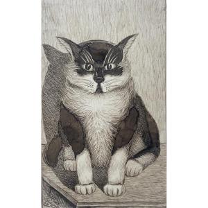 Pen Drawing Dated 1926, "cat," Large Kitten, Signed L. Bilbuyet
