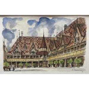 Watercolor Signed Desbarre, "the Hospices De Beaune," Burgundy, Côte De Beaune