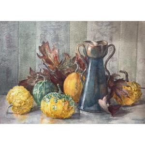 Watercolor, Autumnal Still Life "the Gourds" Signed Godin And Dated 1919