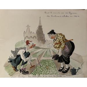 Humorous Watercolor And Ink Drawing From The 1920s, "a Boulevard In Laeken In 1915-1916," Belgium