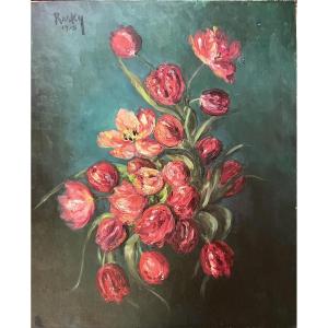 Floral Composition On Canvas, Signed By The Painter Rasky, Dating From 1958, "the Red Tulips"
