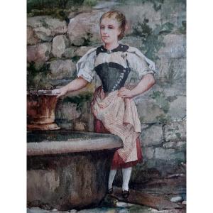 Watercolor Young Woman At La Fontaine Fernand Lematte (1850-1929) Prix De Rome