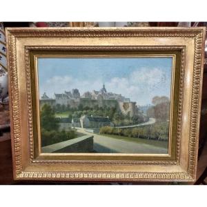 Oil On Panel View Of Moncontour (côtes d'Armor)