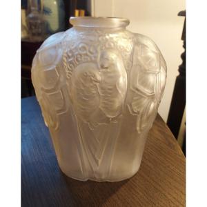 Pressed Glass Vase Signed Carrillo Parakeet Decor 