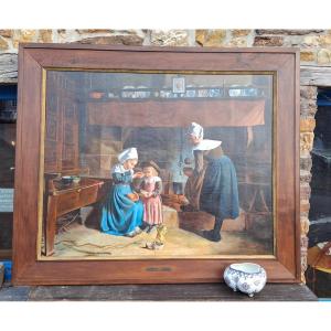 Large Oil On Canvas Breton Genre Scene 