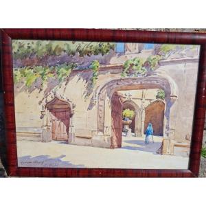 View Of The Cluny Museum Watercolor Signed Rabel