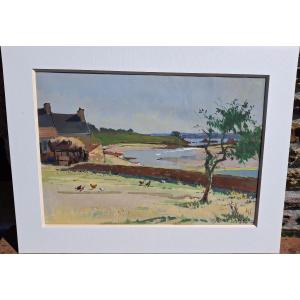 Gouache Georges Delplanque (1903-1999) Heart Of The Farm In Bréhat 1959