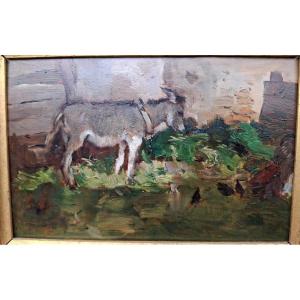 Painting The Donkey And The Chickens Norbert Goeneutte (1854-1894) Oil On Panel 
