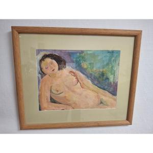 Francois Lombardi Painting Of A Reclining Nude Woman, Oil On Paper