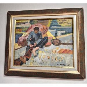 Oil Painting On Canvas, "the Fisherman" By Hervé Le Bourdelles (1928-1986)