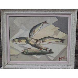 Still Life With Fish Painting, Oil On Hardboard