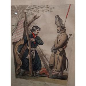 Aquatint Enhanced With Watercolor By Carl Vernet Cossacks At The Bivac