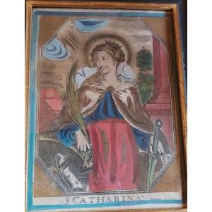 17th Century Enhanced Engraving Of Saint Catherine Of Alexandria By Jacobus De Man