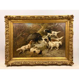 Schouten Hallali Painting Of A Wild Boar And 6 Dogs 