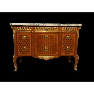 Large 18th Century Marquetry Chest Of Drawers In The Style Of Simon Oeben.