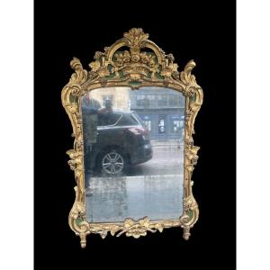 18th Century Mirror In Gilded And Green Lacquered Wood