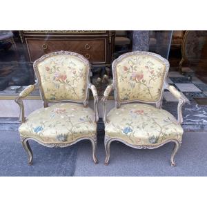 Pair Of Louis XV Style Lacquered Wood Armchairs