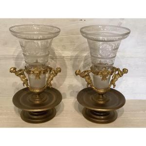Pair Of Gilt Bronze And Crystal Vases