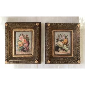 Pair Of Signed 19th Century Flower Bouquets