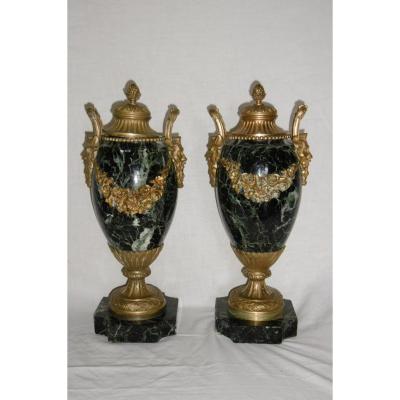 Pair Bronze Mounted Marble Cassolettes From Nineteenth