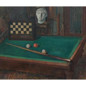 Robert Plantey - Still Life With Billiard Table - French Modern School, Post-surrealist Painting 