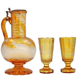 Bohemian Ewer, Engraved Hunting Scene, 19th Century