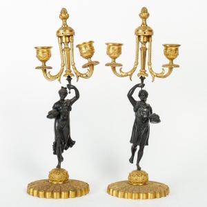 Pair Of Candlesticks Made In Bronze, 19th Century Antiquity