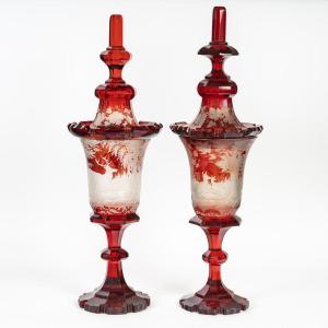 Rare Pair Of Engraved Red Bohemian Crystal Hanapes, 19th Century