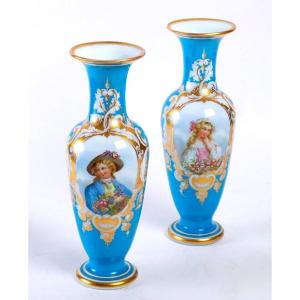 Pair Of Baccarat Opaline Vases, 19th Century