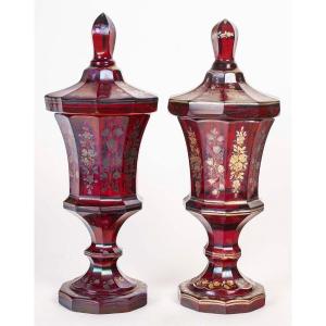 Pair Of Red Bohemian Goblets, 19th Century