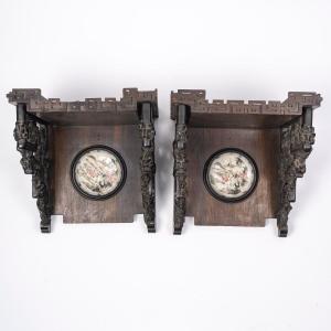 Pair Of Carved Wood And Porcelain Medallion Wall Shelves – French Work