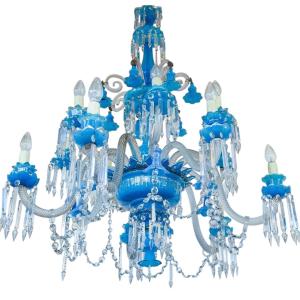 Rare Baccarat Chandelier In Blue Opaline With Gold Enamel – Charles X Period
