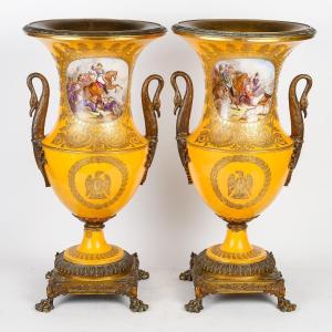 Pair Of Sèvres Porcelain Vases With Battle Decor, Signed Poitevin