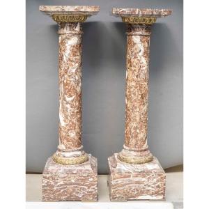 Pair Of Rance Des Flandres Marble Columns, Gilt Bronze Mounts, 19th Century